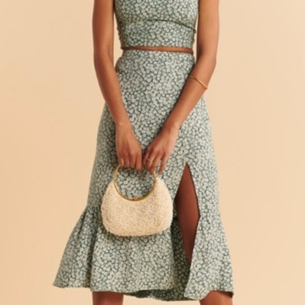 Abercrombie green and white floral midi length skirt w/ slit